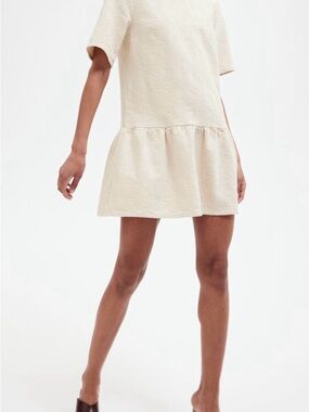 H&M Tie-Detail Jacquard Cotton Mini Dress — Size XXS — Ivory/Cream